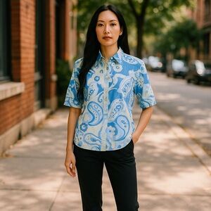 TOTEM By The Sea Women’s Sz M Blue Paisley Cotton 3/4 Sleeve Button Front Shirt